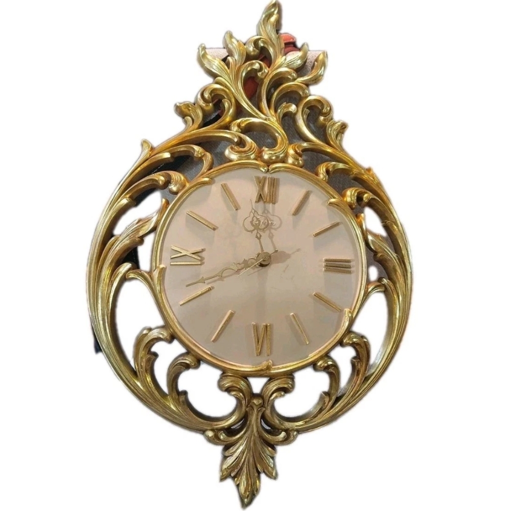 Vintage 1964 SYROCO Mid Century Ornate Hollywood Regency Quartz Wall Clock Works